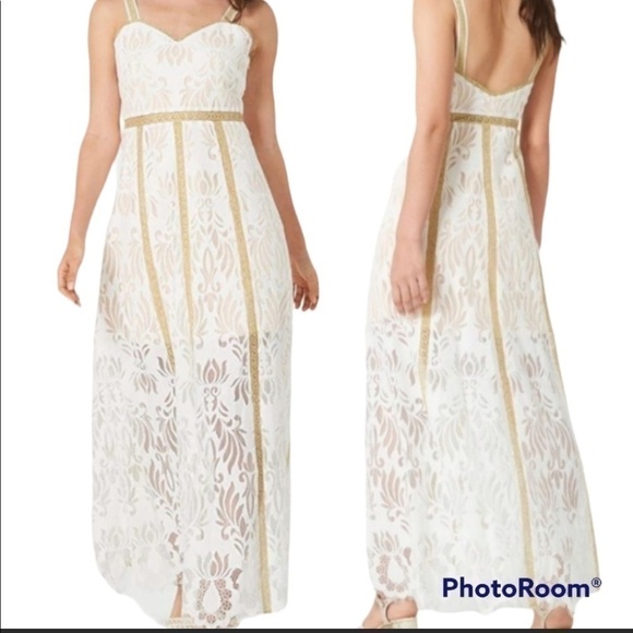 NEW FOXIEDOX LACE OVERLAY MAXI DRESS WHITE METALLIC GOLD EYELASH HEM | Small - Picture 4 of 17